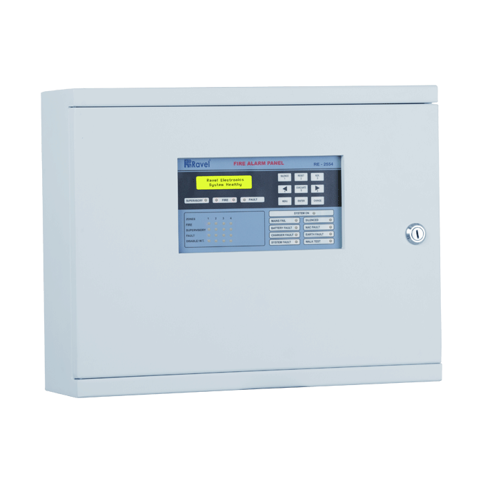Ravel RE-2554 4 Zone Conventional Fire Alarm Control Panel – multi-zone fire safety panel for offices, warehouses, and industrial spaces