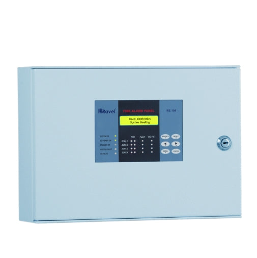 Ravel RE-104 4 Zone Conventional Fire Alarm Control Panel – multi-zone wall-mounted fire alarm panel for offices, factories, and commercial spaces