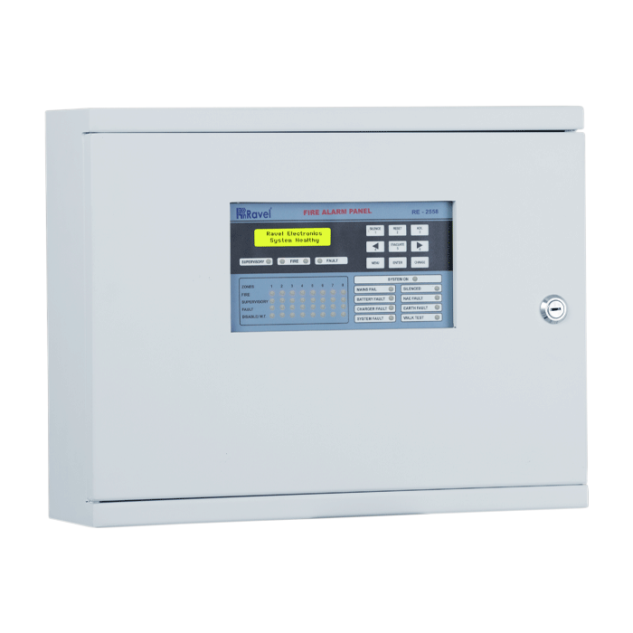 Ravel RE-2558 8 Zone Conventional Fire Alarm Control Panel – high-capacity, multi-zone fire safety panel for large offices, factories, and commercial spaces